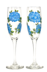 Blue Hydrangeas Champagne Flutes Hand-Painted