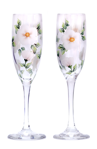 White Vintage Rose Hand Painted Champagne Flutes - 2 Flutes – A