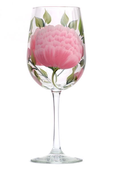 Pink Peony hand painted wine glass – Wineflowers