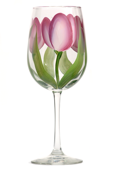 4 Wine Glasses With Pink Tulip Design Frosted Flower Wine 