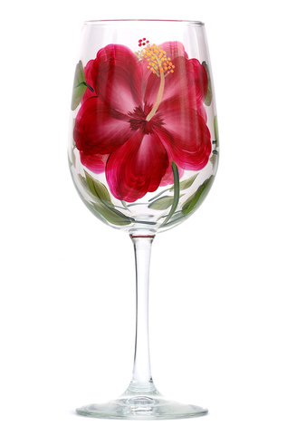 Red Wine Glass, Hand-painted Stained Glass, Rainbows and Flowers